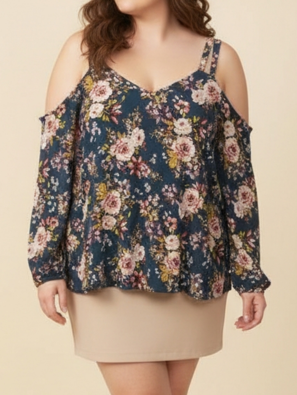 Torrid Size 3 Blue Teal  Floral Cold Shoulder Blouse Flowy Long Sleeve